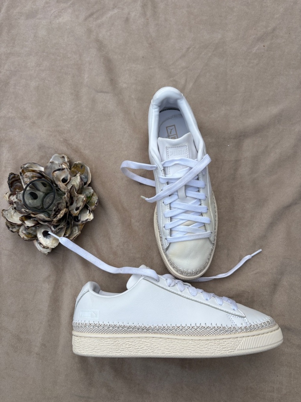 Stained PUMA Basket Trim Seaside Drills Men White Casual Sneakers - 9